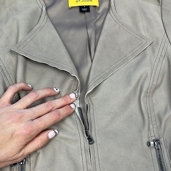 St John Leather Biker Moto Jacket Taupe Neutral 3/4 Sleeve Lightweight Fall 4 - Picture 11 of 13
